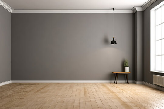 Large bright and modern interior of a new apartment with a large empty gray wall in the middle. Generative ai