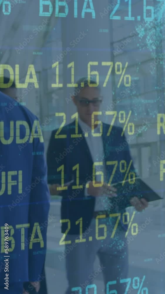 Poster animation of statistics and data processing over businessmen