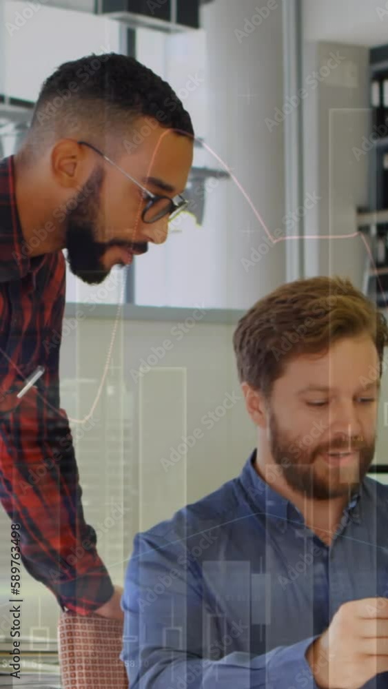 Poster animation of data processing with statistics over business people using talking