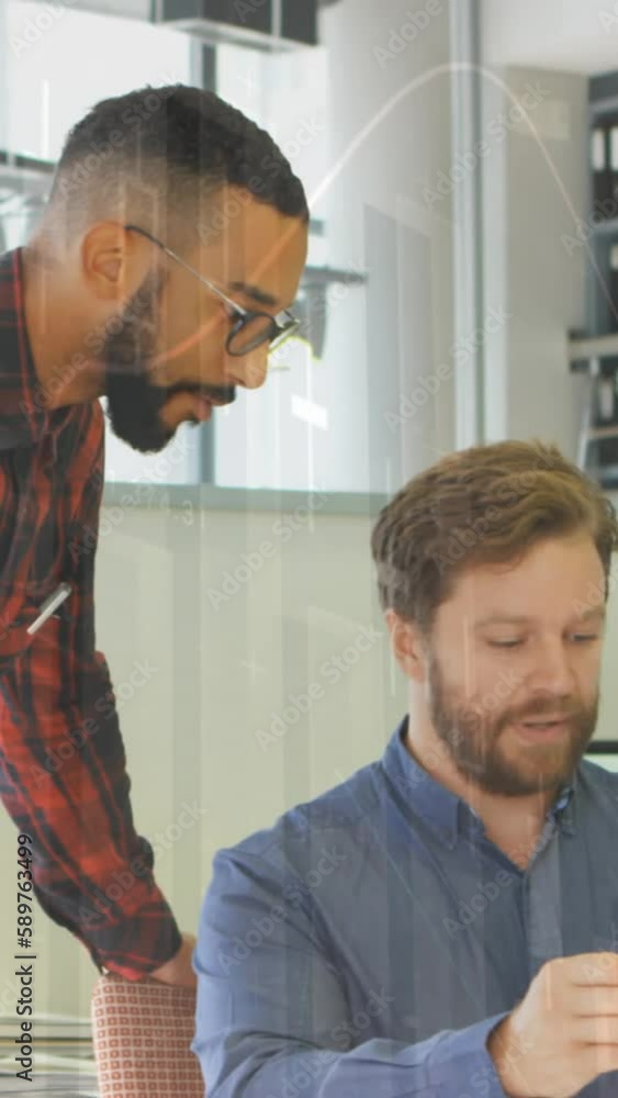 Poster animation of data processing with statistics over business people using talking
