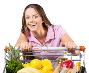Portrait of a Woman Pushing a Shopping Cart Full of Groceries