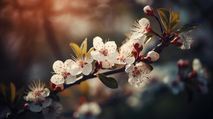 Flowering branches and petals on a blurred background, blossom in spring 