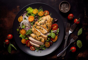 Chicken fillet with salad. Healthy food, keto diet, diet lunch concept. Top view. Generative AI