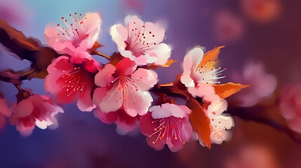 Flowering branches and petals on a blurred background, blossom in spring 