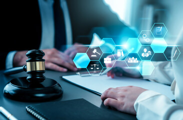 Smart law, legal advice icons and lawyer working tools in the lawyers office showing concept of...