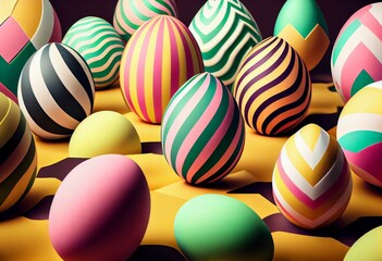 Fototapeta na wymiar Multicolored, Easter Egg background. Beautiful Yellow, Pink and Green Eggs with Striped patterns. 3D Render. Generative AI