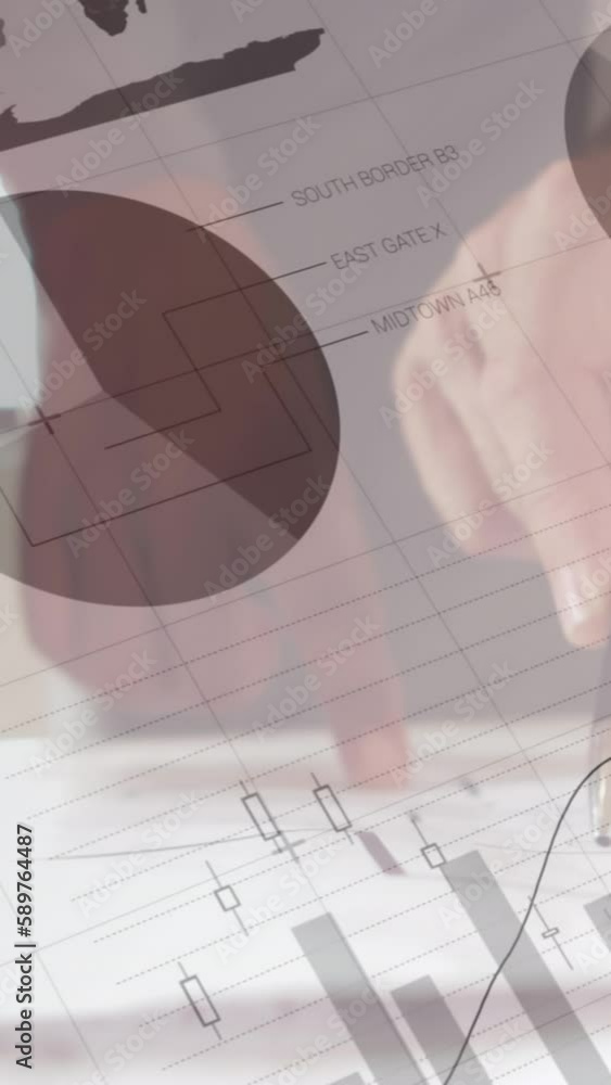 Poster animation of statistics and financial data processing over architects with plans in meeting