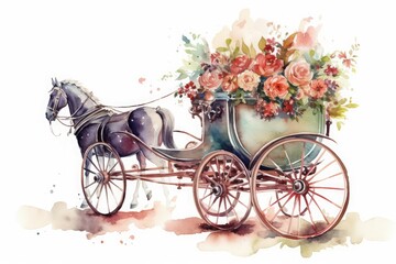 Fototapeta na wymiar carriage of flowers, watercolor, valentine theme, white background with Generative AI technology