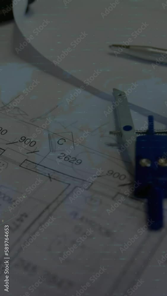 Poster animation of statistics and financial data processing over architects plans and compass