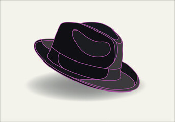 Fedora hat, side view. Wool or felt fabric, dark grey, black color. Men, unisex head accessory. Realistic style graphic vector illustration. - obrazy, fototapety, plakaty