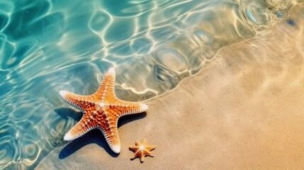 starfish and seashell on the summer beach in sea water