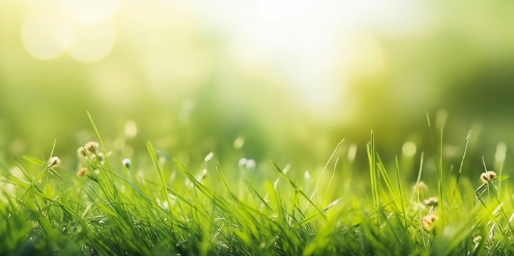 spring sunny garden background of green grass and blurred foliage bokeh