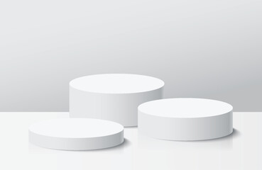 White cylinder stage pedestal podium with background. Use for product display presentation, showcase, mock up.
