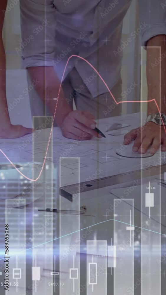 Poster animation of statistics and financial data processing over business people in meeting