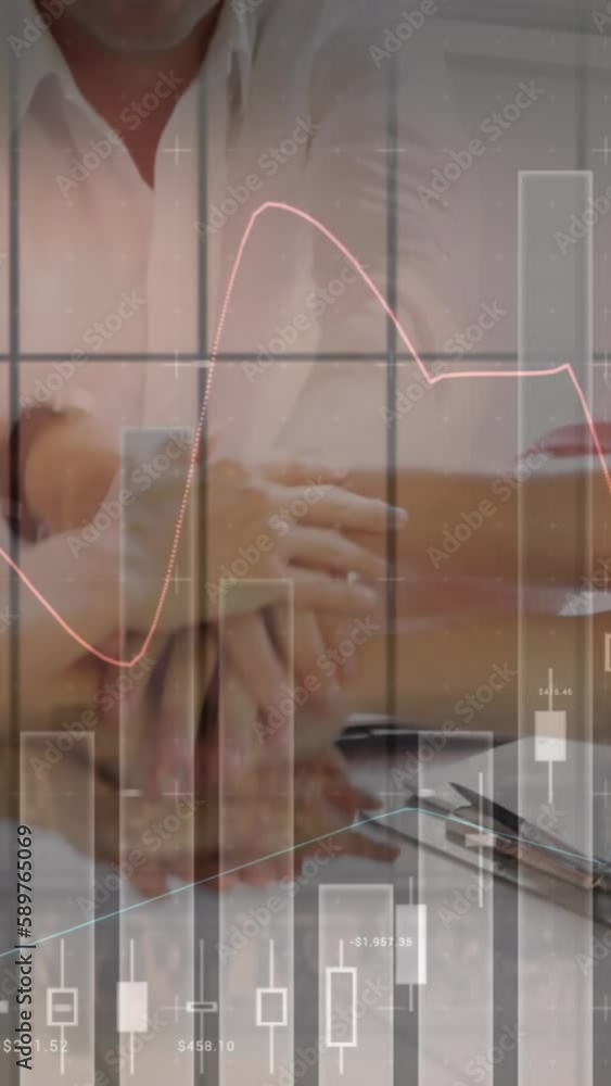 Poster animation of statistics and financial data processing over business people stacking hands in meeting