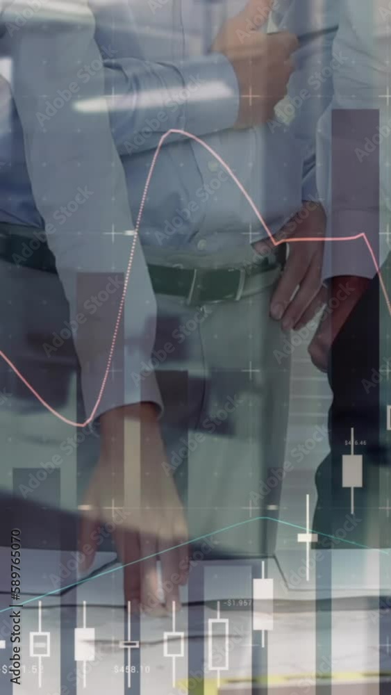 Aufkleber animation of statistics and financial data processing over architects with plans in meeting