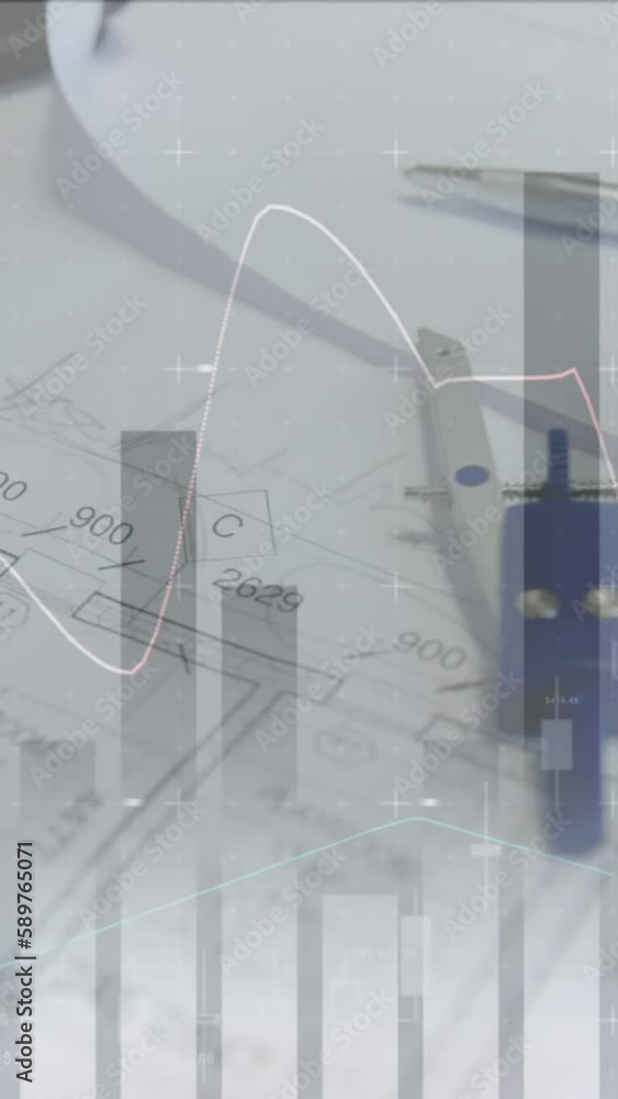 Poster animation of statistics and financial data processing over architects plans and compass