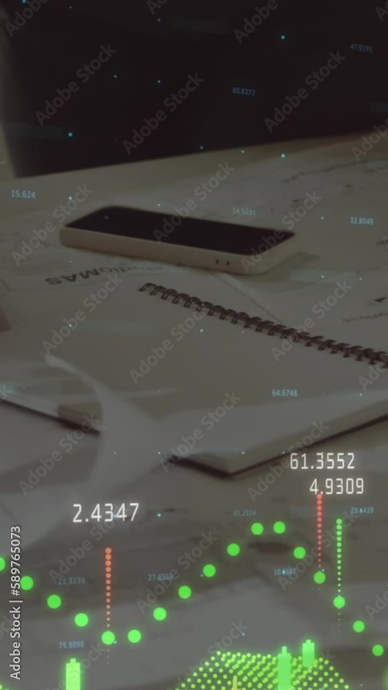 Poster animation of statistics and financial data processing over architects with plans in meeting