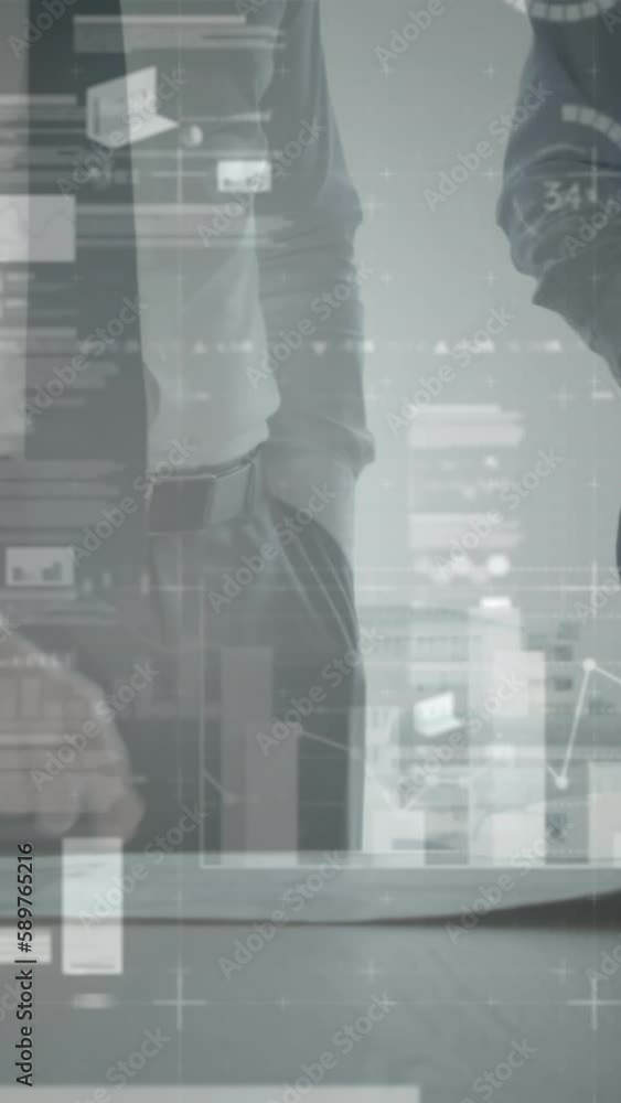 Poster animation of statistics and financial data processing over architects with plans in meeting