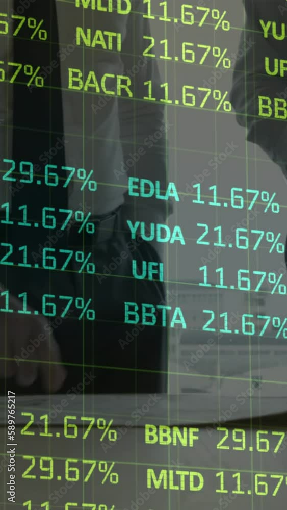 Poster animation of financial data processing over architects in meeting