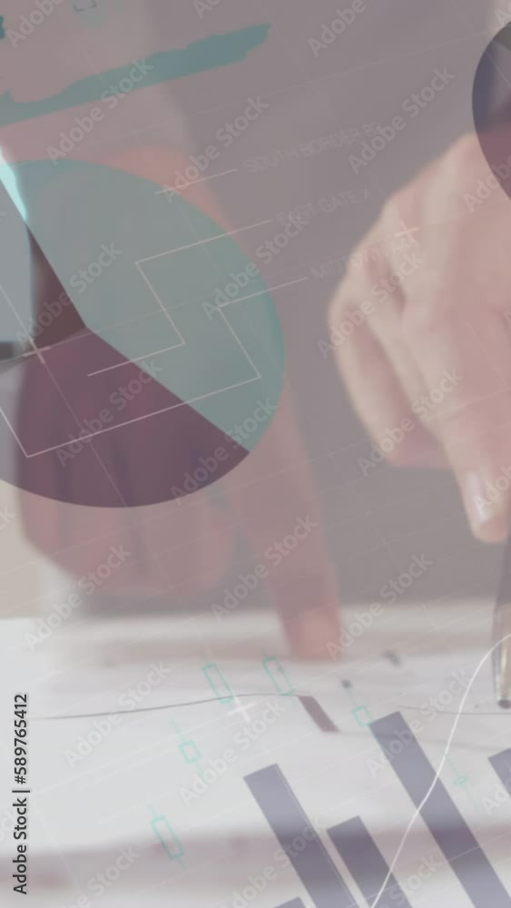 Poster animation of statistics and data processing over architects with plans in meeting