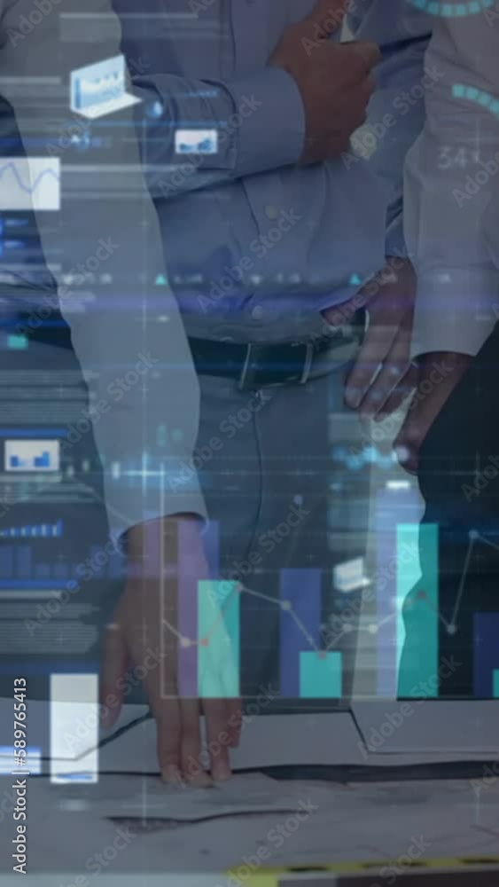 Aufkleber animation of statistics and financial data processing over architects with plans in meeting