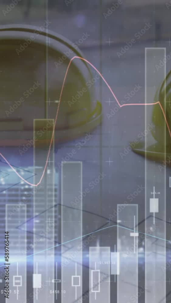 Poster animation of statistics and data processing over architects plans and hard hats