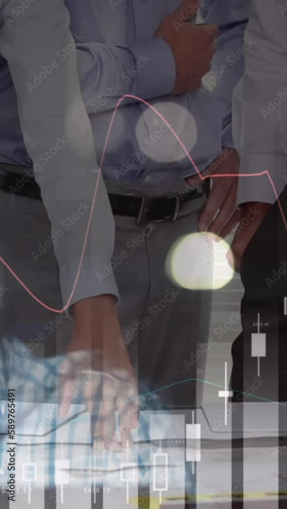 Aufkleber animation of statistics and financial data processing over architects with plans in meeting