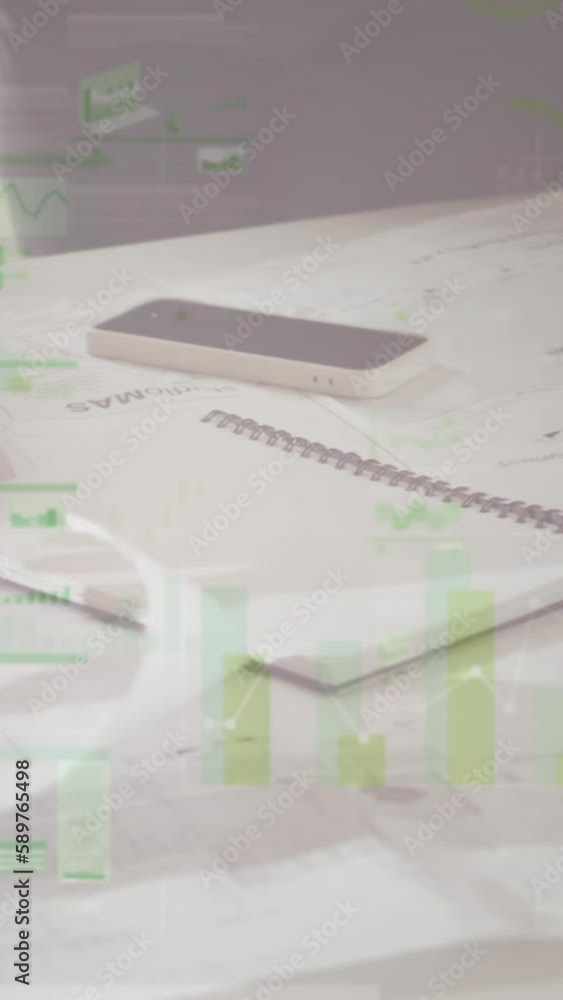 Poster animation of statistics and financial data processing over architects with plans in meeting