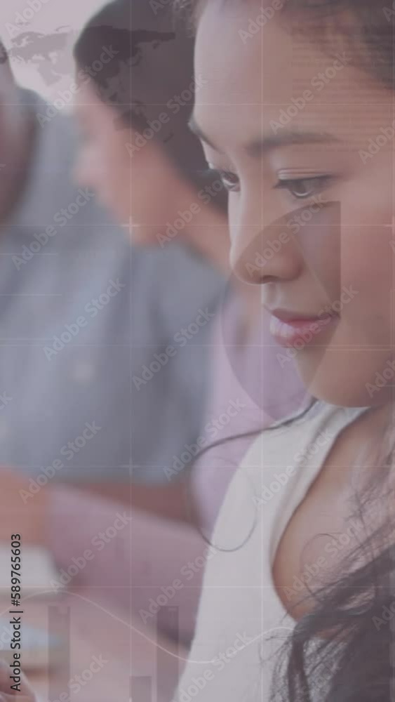Poster animation of statistics and data processing over businesswoman using tablet