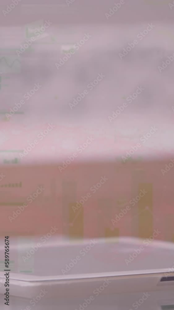 Poster animation of financial data processing over businessman using tablet
