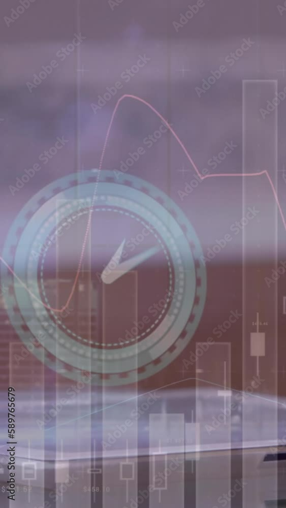 Poster animation of clock, financial data processing over businessman using tablet
