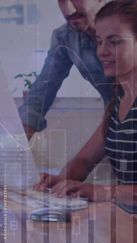 Poster animation of diverse data and clock over caucasian female and male colleagues working at computer