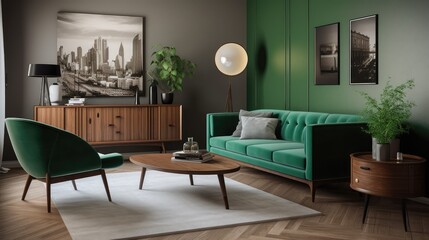 Mid-Century Modern Living Room. Generative AI