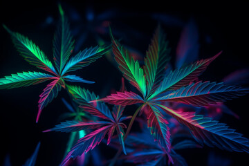 Cannabis marijuana foliage with neon purple pink tint on a black background