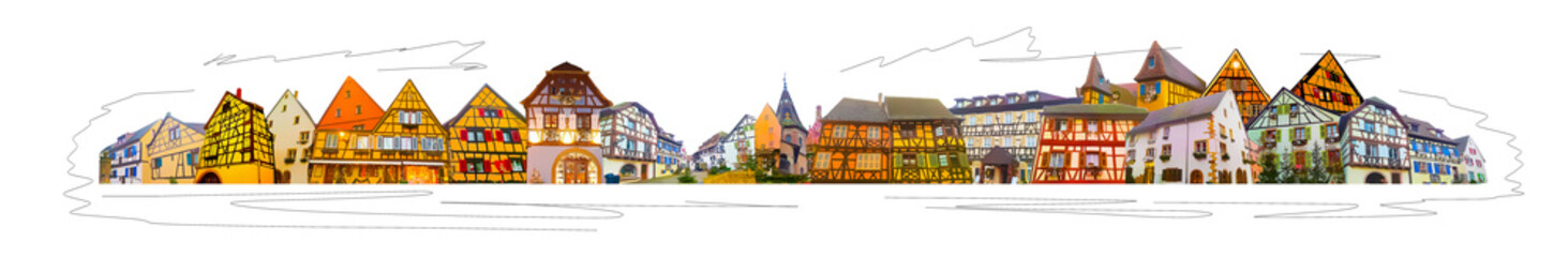 Morning scene in Eguisheim, a traditional village in the Alsace wine region of France, featuring a traditional house, now a wine degustation venue. Art collage or design