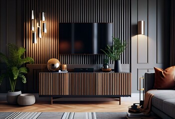 TV area in living room close up, fluted wooden panel with modern decoration, pendant light, living room interior background, tv screen, 3d rendering. Generative AI
