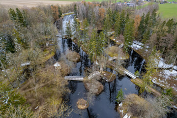 Aerial beautiful spring day view of Burbiskiai manor park, Lithuania