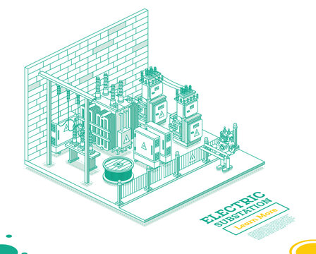 Isometric Energy Substation Interior. Electric Transformer. Outline Concept. Green Color. Part of Distribution Chain.