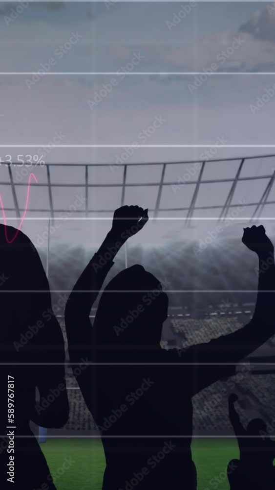 Poster animation of graphs and data processing on interface over cheering sports fans at stadium
