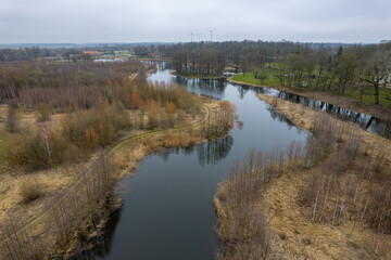 Aerial beautiful spring day view of Pakruojis manor park, Lithuania