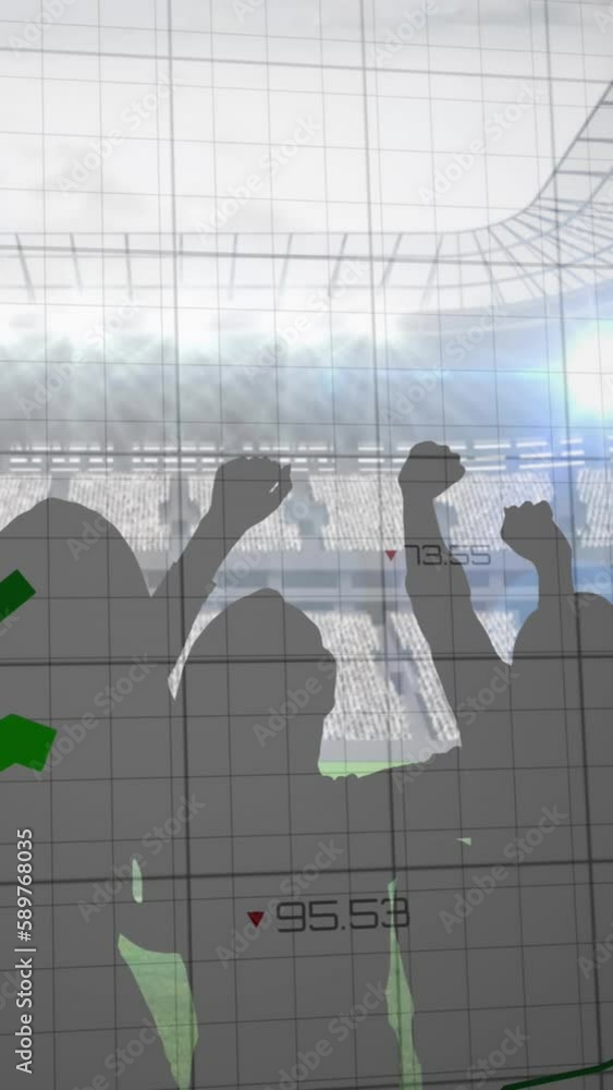 Poster animation of graphs and data processing over cheering fans at sports stadium