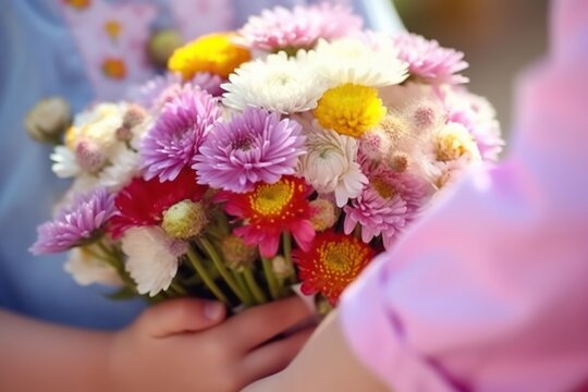 Mother's day.  Little child offering flowers, love gift to a young woman, close up view. Generative AI