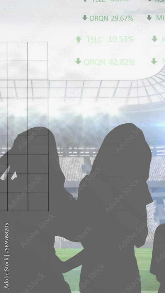 Poster animation of graphs and data processing over fans at sports stadium