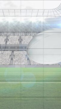 Animation of falling rugby balls with graphs and data processing over sports stadium