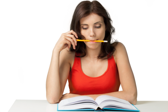 Woman Reading a Book with Pencil in Her Mouth - Isolated