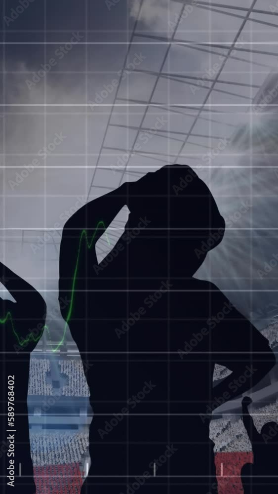Poster animation of graphs and data processing over sports fans at stadium