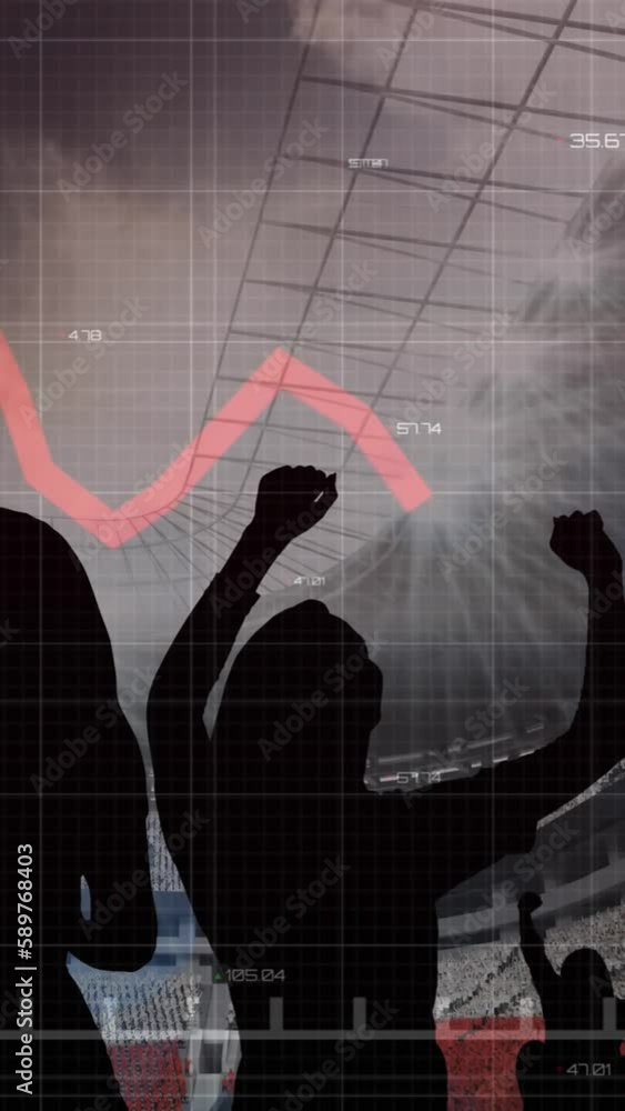 Poster animation of graphs and data processing over cheering fans at sports stadium