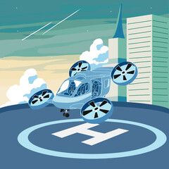 UAM Concept Illustration - A self-driving drone taxi flying in the sky is landing at the pick-up point.