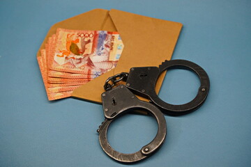 Almaty, Kazakhstan - 04.06.2023 : The handcuffs are on an envelope with Kazakhstani money - tenge.